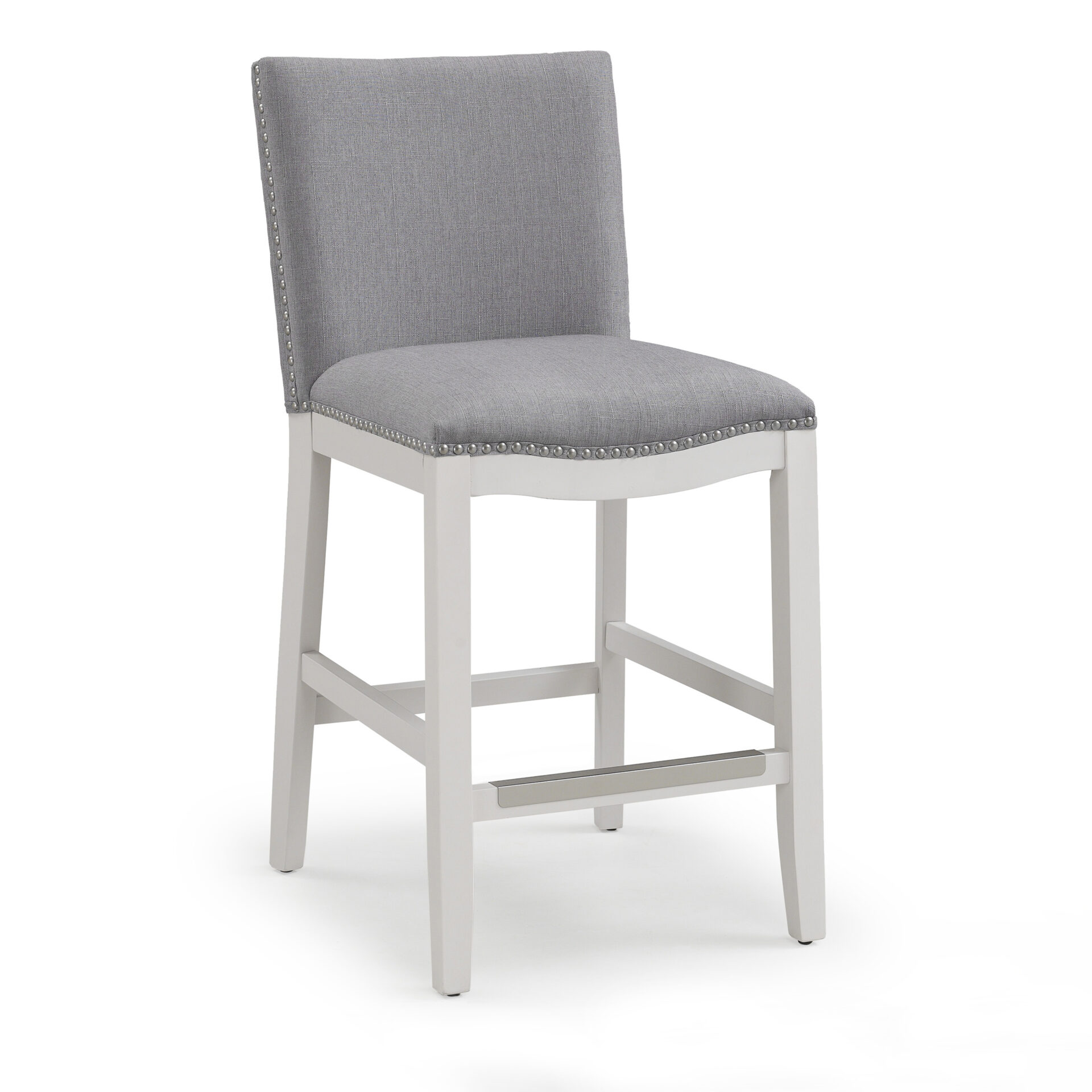 A gray chair with long white legs