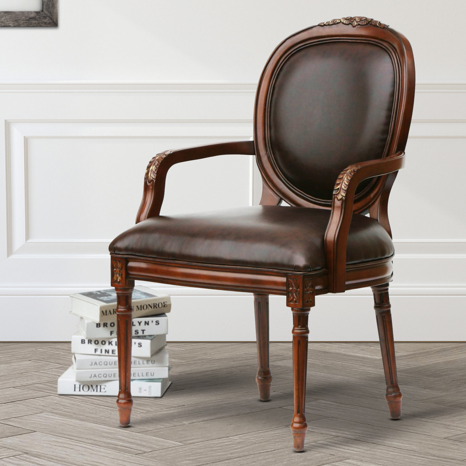 A dark brown chair with a wooden frame