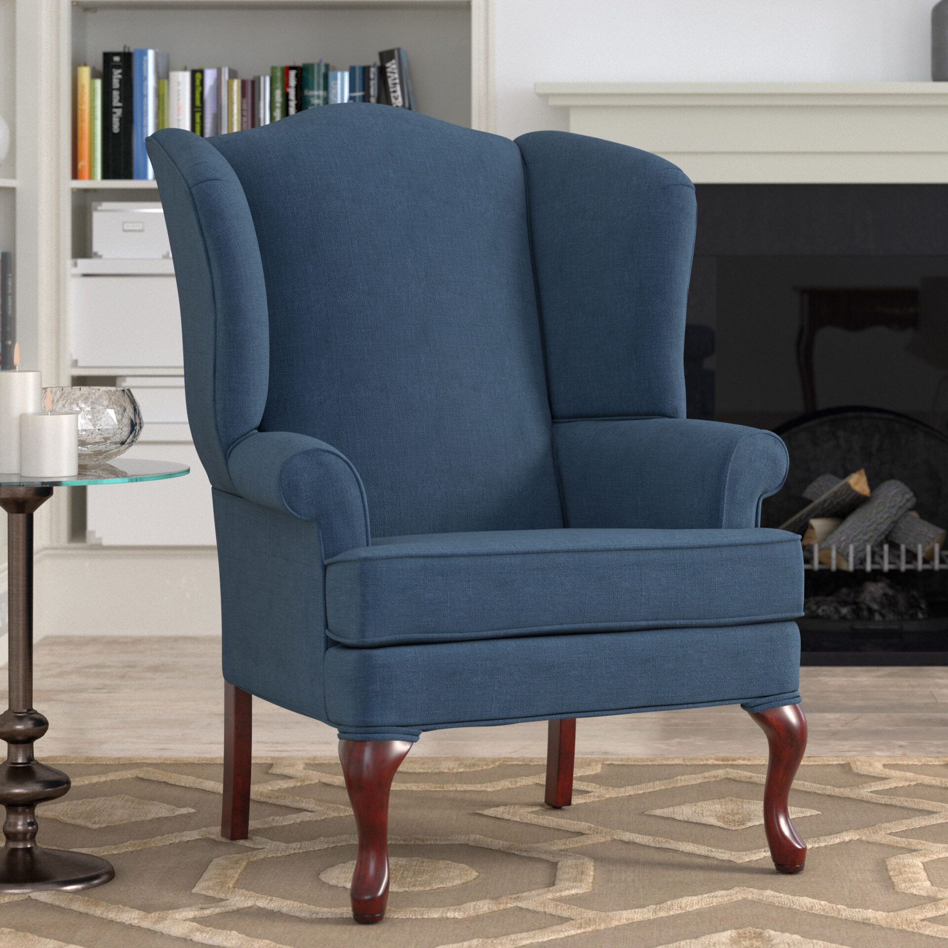 A medium blue chair with curved legs