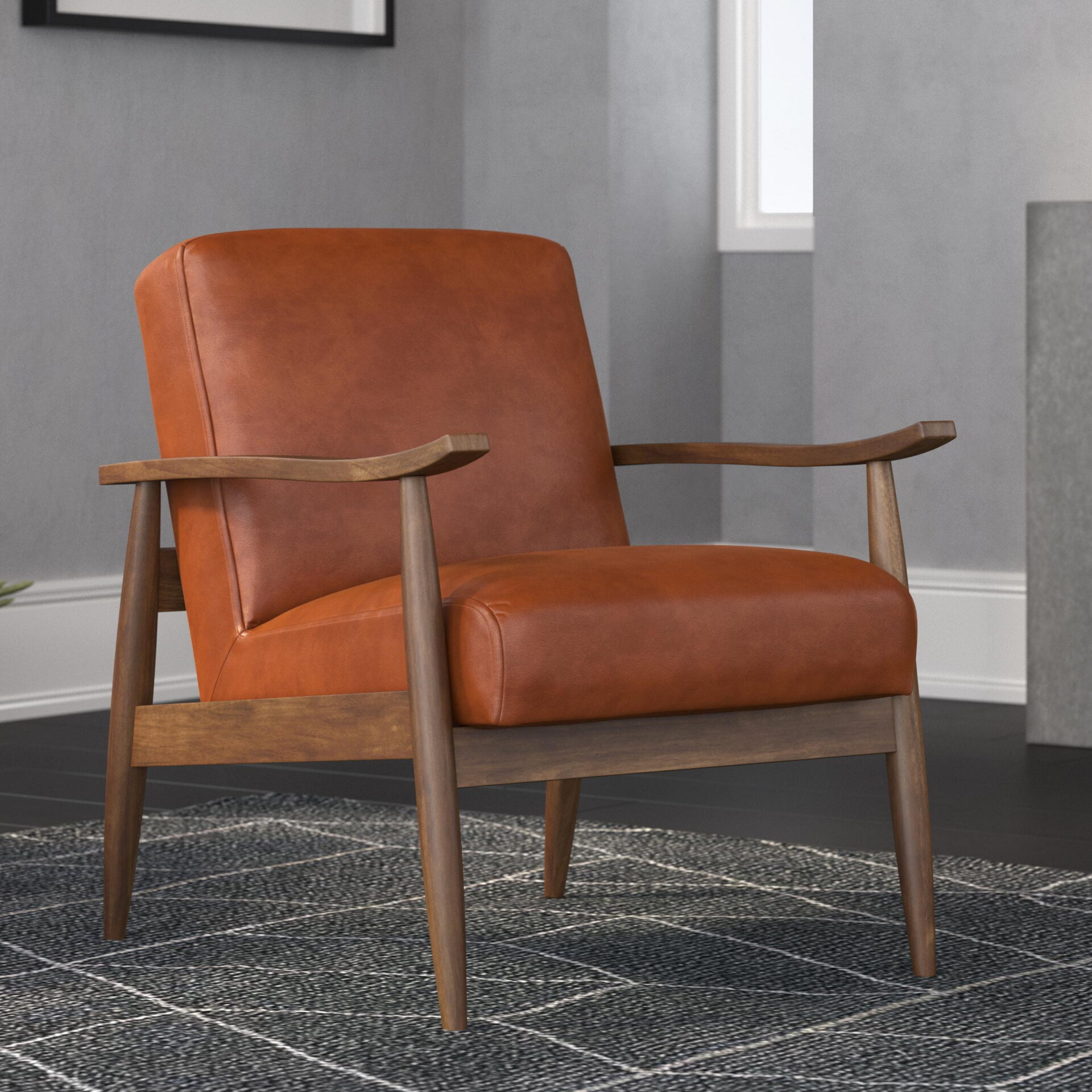 A caramel brown chair on a gray carpet