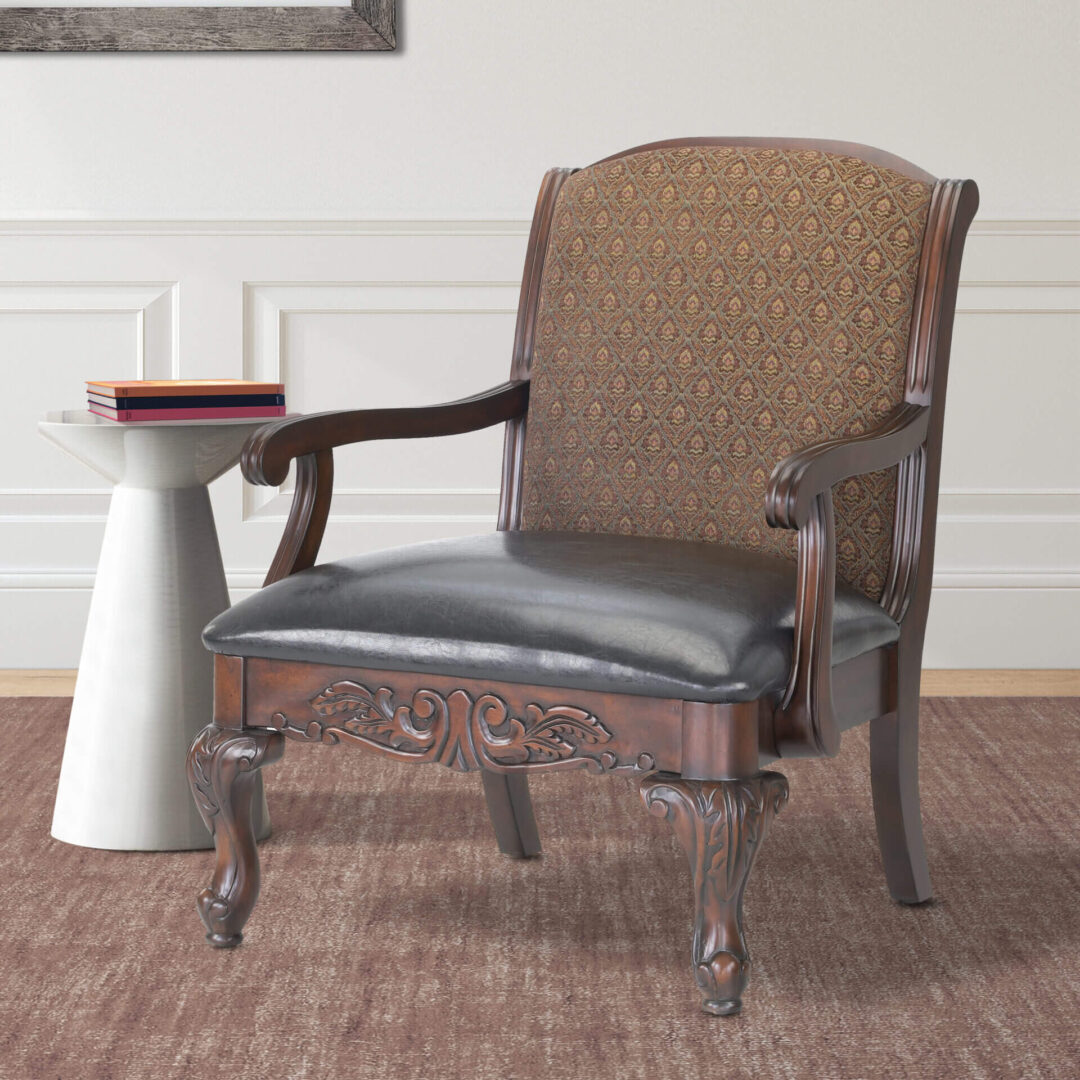 A dark brown chair with detailed legs