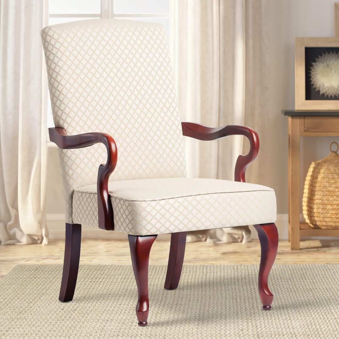 A chair with white stripes a wooden frame