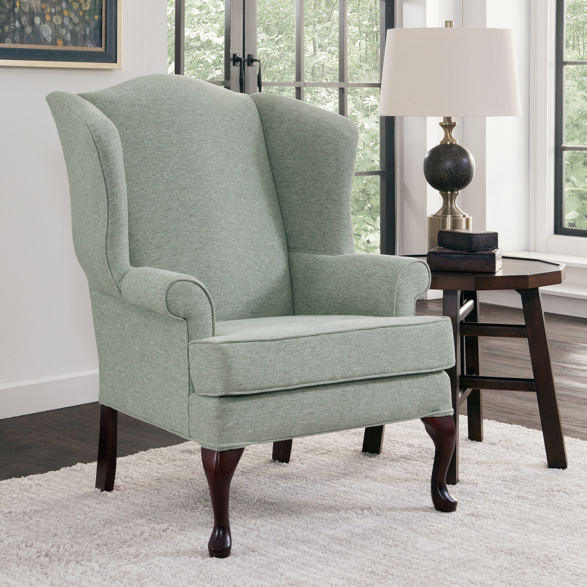 A gray wing chair