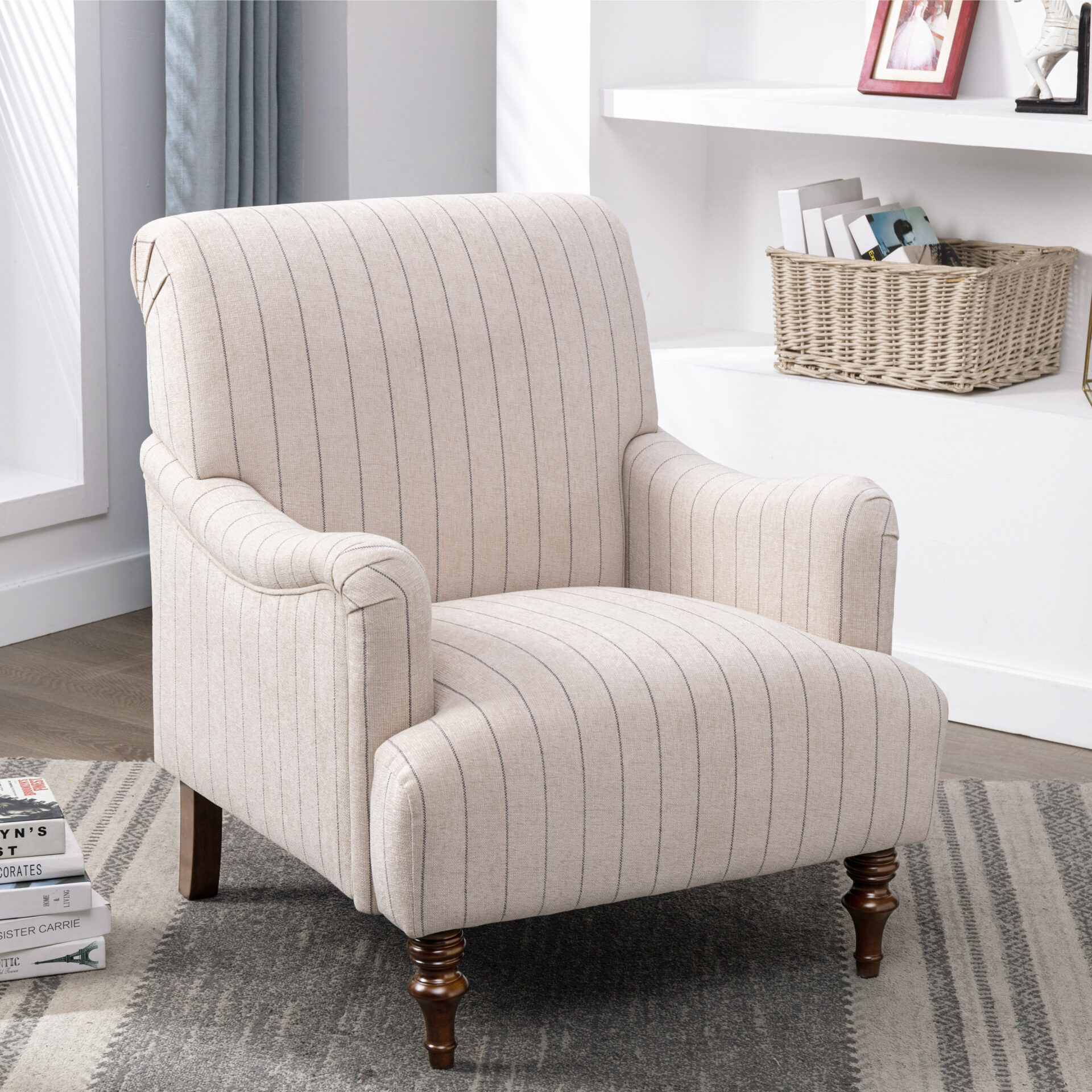 A chair with striped fabric