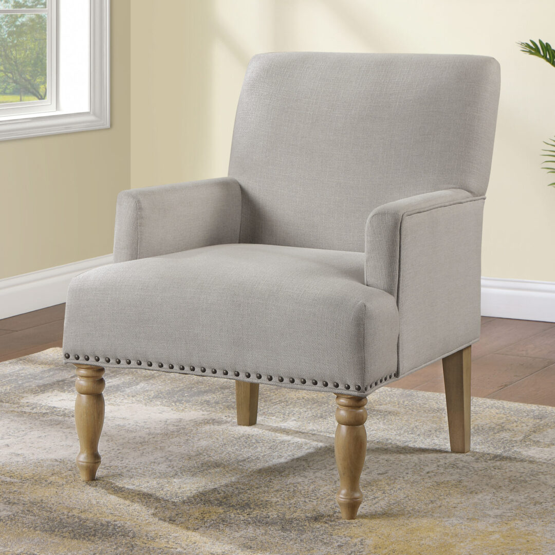 Accent Chairs in grey color with brown wooden legs