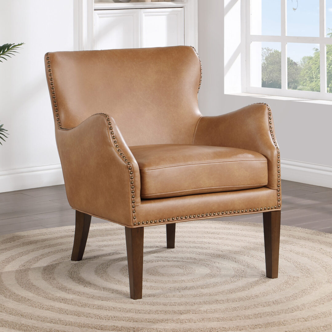 Accent Chairs with brown leather body and metal legs